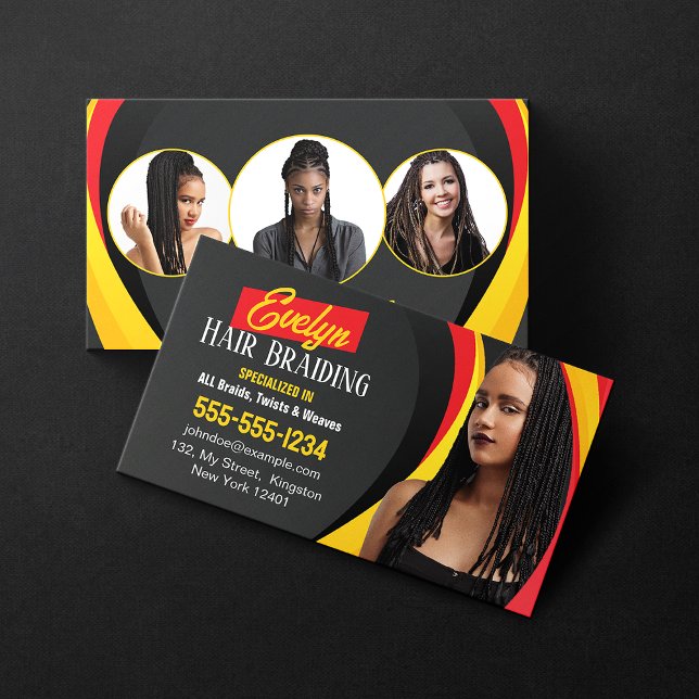 Black, Red and Yellow Hair Braiding Photo Salon Business Card (Creator Uploaded)