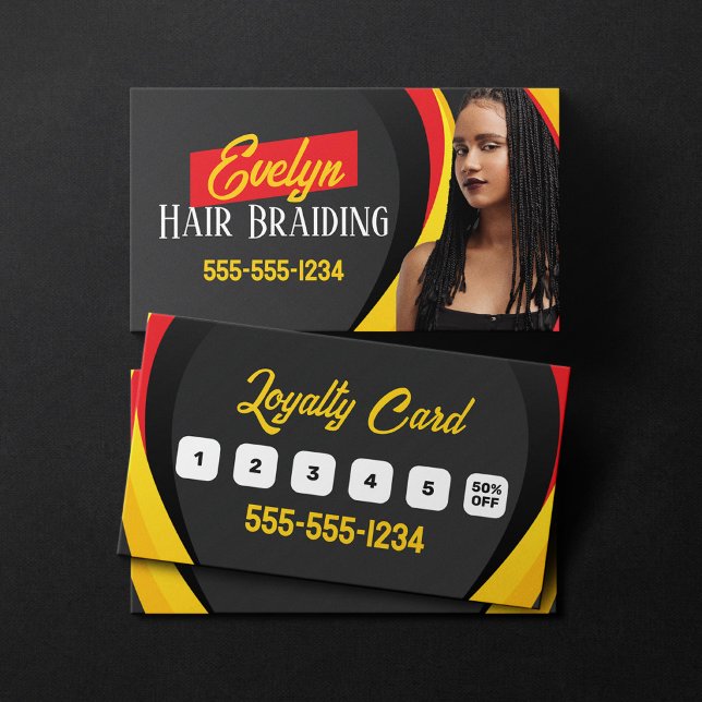 Black, Red and Yellow Hair Braiding Photo Salon Loyalty Card (Creator Uploaded)