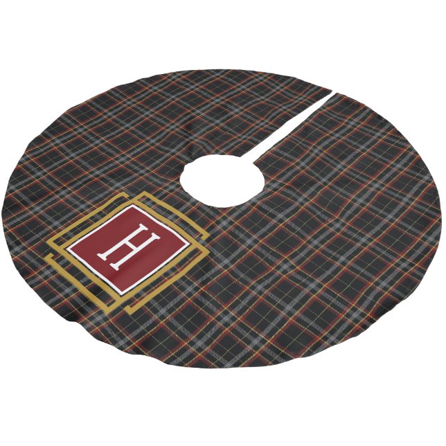 Black Red and yellow Tartan Monogram  Brushed Polyester Tree Skirt (Angled)