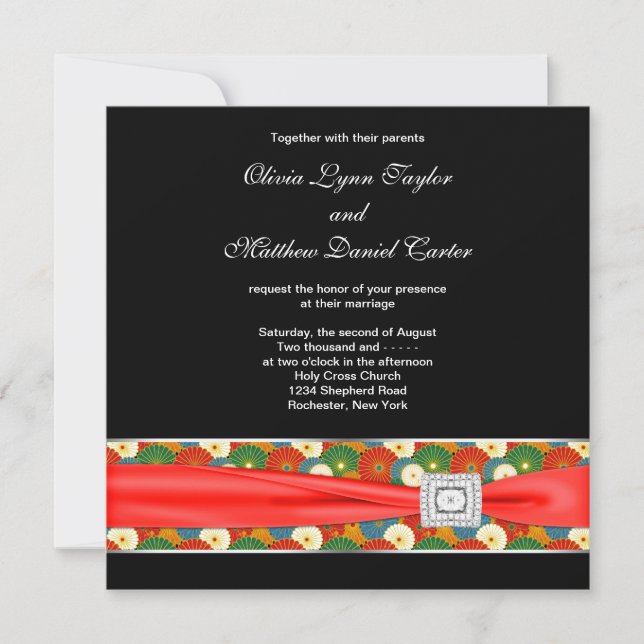 Black Red Asian Flower Classy Black Wedding Invitation (Front)