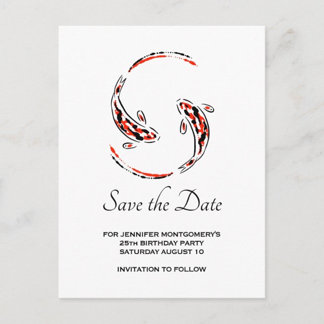 Black & Red Asian Koi Fish Birthday Save the Date Invitation Postcard (Front)