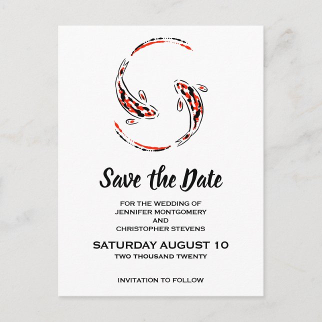 Black & Red Asian Koi Fish Wedding Save the Date Invitation Postcard (Front)