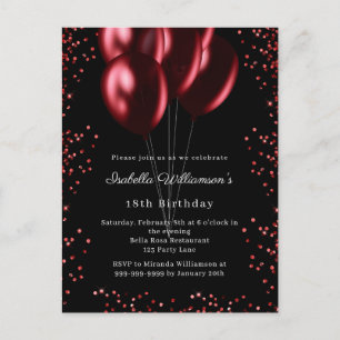 Black red balloons birthday invitation postcard