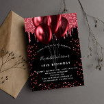 Black red balloons birthday party luxury invitation<br><div class="desc">For an elegant 18th (or any age) birthday.  A stylish black background. Decorated with red faux glitter and balloons.  Personalise and add a name,  age and party details. The name is written with a hand lettered style script</div>