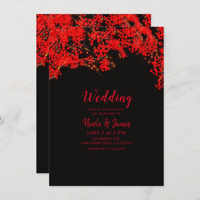 Black & Red Berries Berry Tree Branches Wedding Invitation (Front/Back)