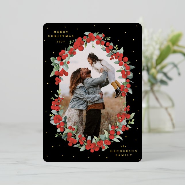 Black Red Berries + Eucalyptus Christmas Photo Foil Holiday Card (Standing Front)