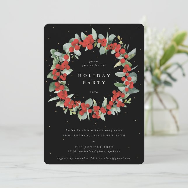 Black Red Berries+Eucalyptus Wreath Holiday Party Invitation (Standing Front)
