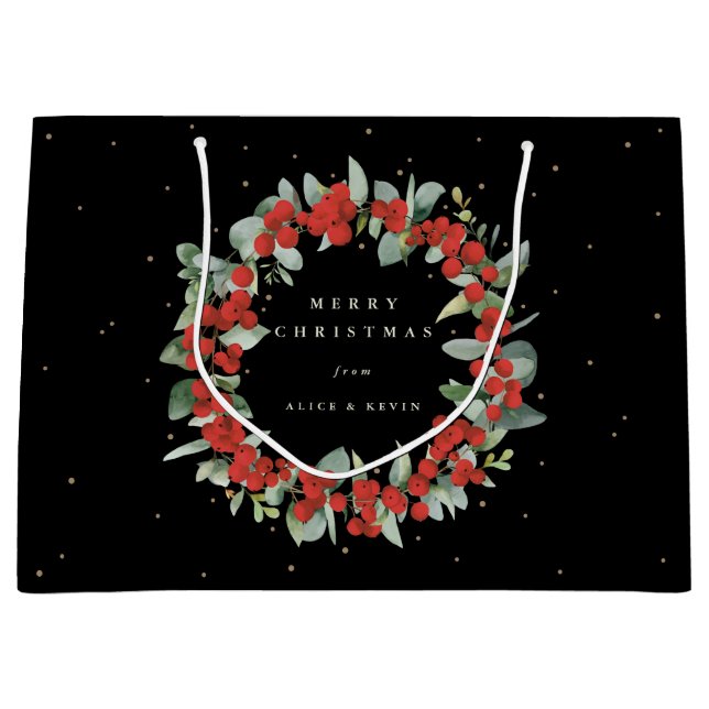 Black Red Berry+Eucalyptus Christmas/Holiday Large Gift Bag (Front)