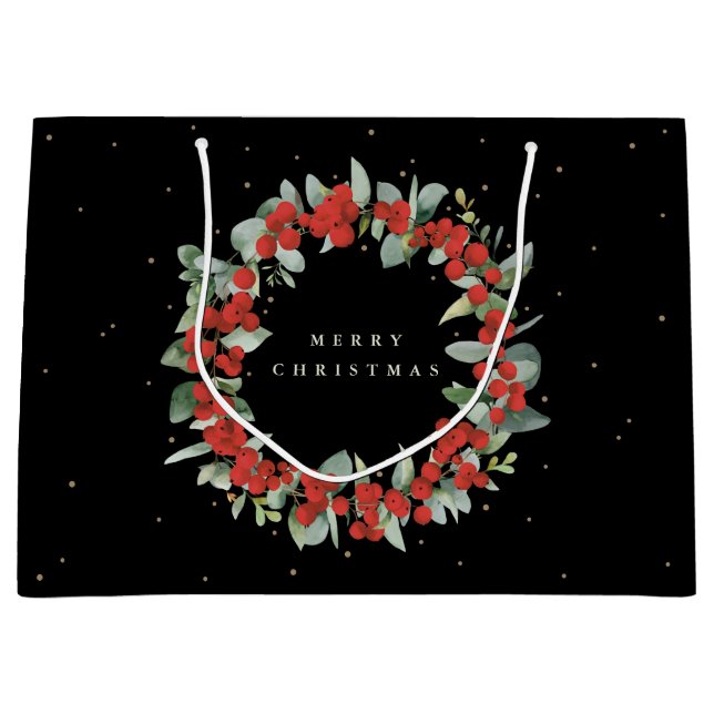 Black Red Berry+Eucalyptus Christmas/Holiday Large Gift Bag (Front)