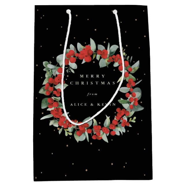 Black Red Berry+Eucalyptus Christmas/Holiday Medium Gift Bag (Front)