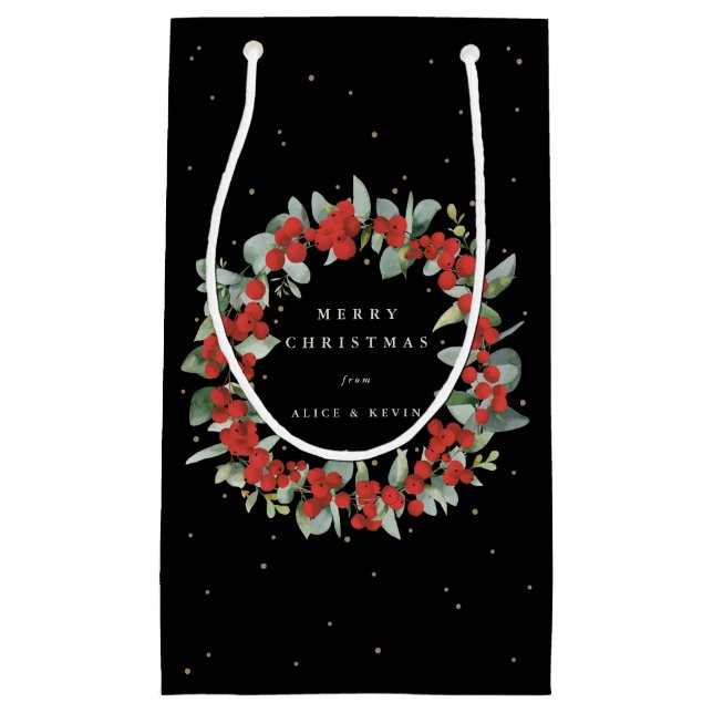 Black Red Berry+Eucalyptus Christmas/Holiday Small Gift Bag (Front)