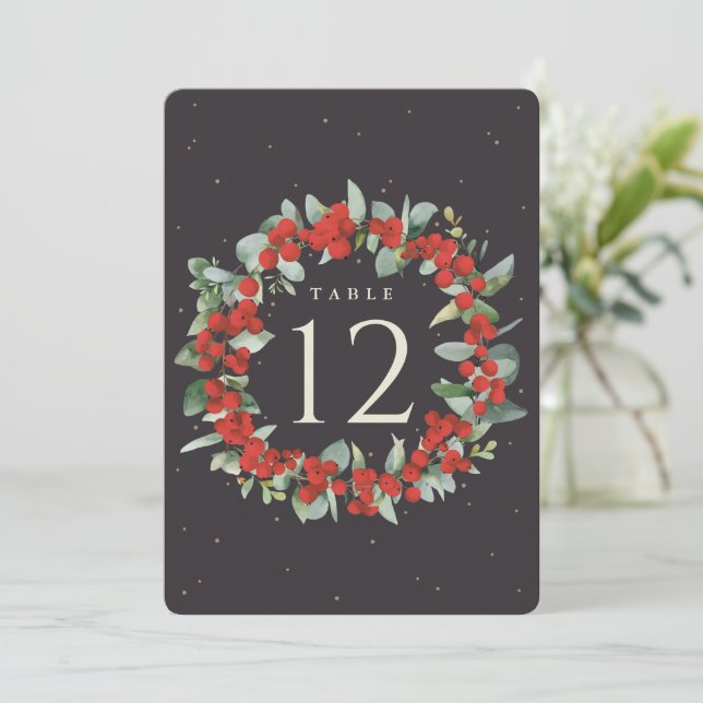 Black Red Berry+Eucalyptus Christmas Table Number (Standing Front)
