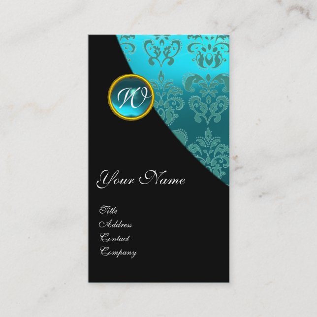 BLACK RED BLUE BICYCLE WEDDING DAMASK MONOGRAM BUSINESS CARD (Front)
