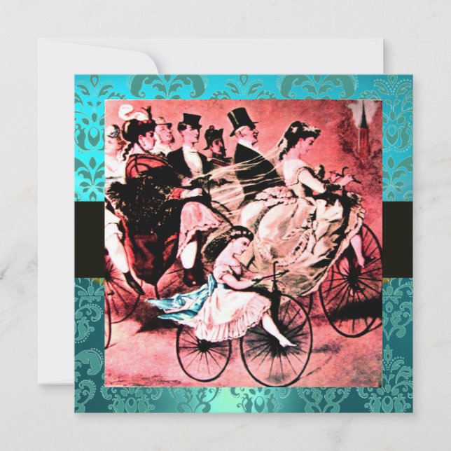BLACK RED BLUE BICYCLE WEDDING DAMASK MONOGRAM INVITATION (Front)