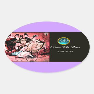 BLACK RED BLUE BICYCLE WEDDING DAMASK MONOGRAM OVAL STICKER