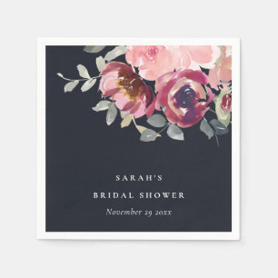 BLACK RED BLUSH BURGUNDY ROSE FLORAL BRIDAL SHOWER NAPKIN