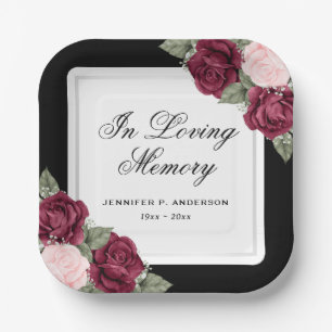Black Red Blush Pink Floral Memorial Funeral Paper Plate