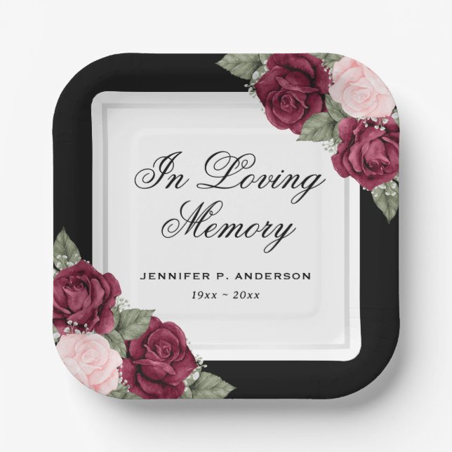 Black Red Blush Pink Floral Memorial Funeral Paper Plate (Front)