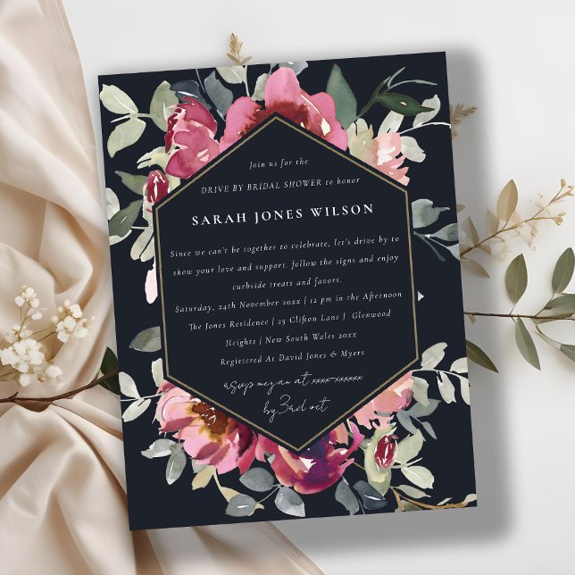 BLACK RED BLUSH ROSE FLORAL DRIVE BY BRIDAL SHOWER POSTCARD (Creator Uploaded)