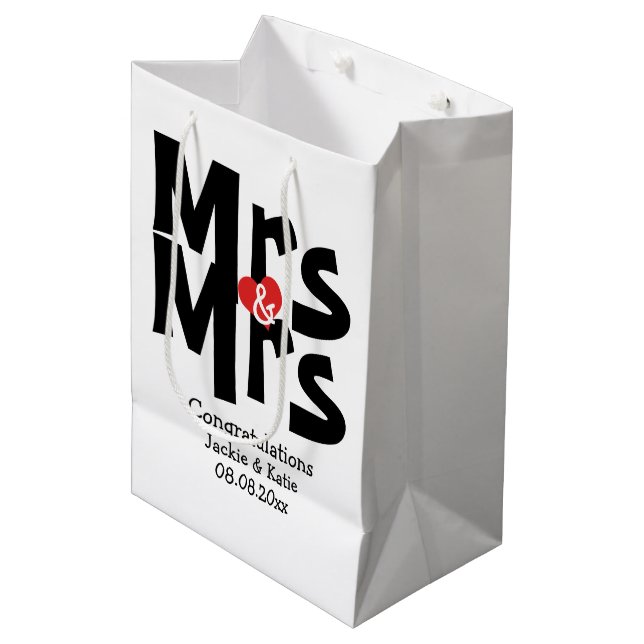 Black Red Bold Modern Personalised Mrs and Mrs Medium Gift Bag (Front Angled)