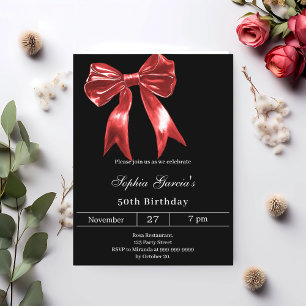 Black red bow birthday invitation postcard