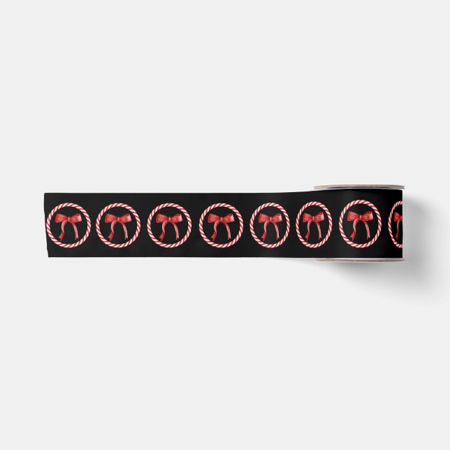 Black Red Bow Candy Cane Christmas Satin Ribbon (Front)