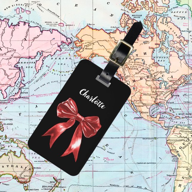Black red bow name script luggage tag (Creator Uploaded)