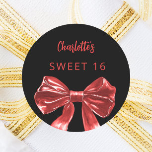 Black red bow Sweet 16 Classic Round Sticker