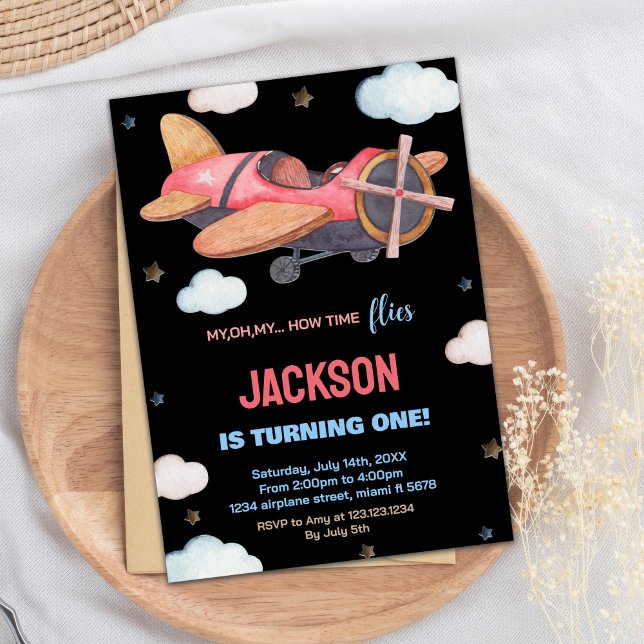 Black Red Brown Aeroplane Birthday Invitations (Black Red Brown Airplane Birthday Invitations)