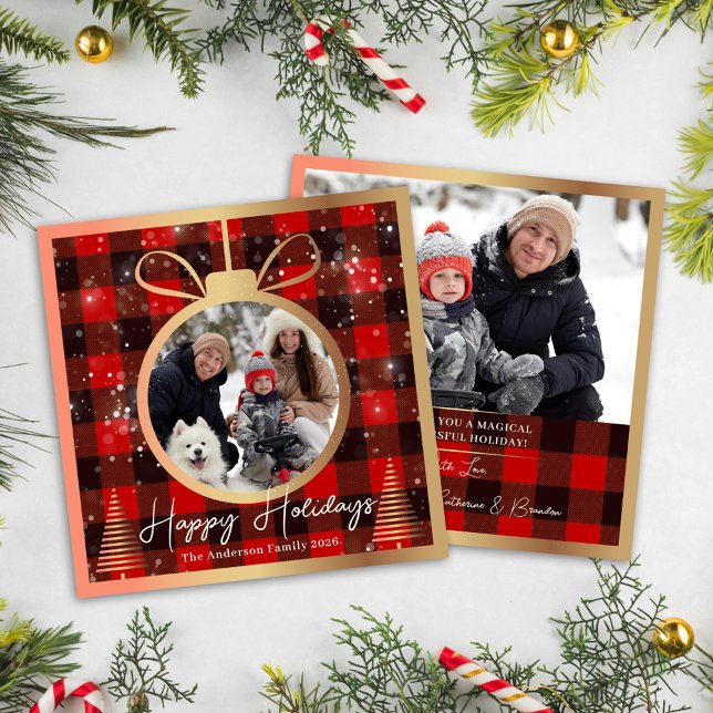 Black & Red Buffalo Plaid Christmas Ornament Photo Holiday Card (Creator Uploaded)