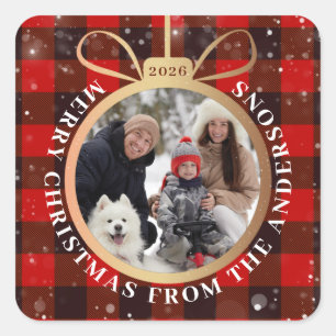 Black & Red Buffalo Plaid Christmas Ornament Photo Square Sticker
