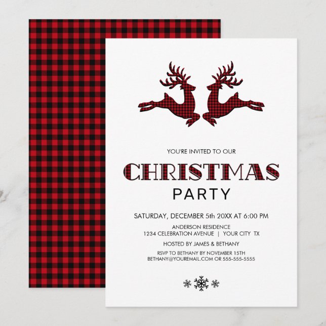 Black Red Buffalo Plaid Deer Christmas Party Invitation (Front/Back)