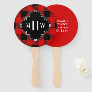 Black Red Buffalo Plaid DIY BG 3I Monogram Hand Fan