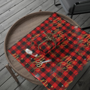 Black Red Buffalo Plaid Merry and Bright Wrapping Paper