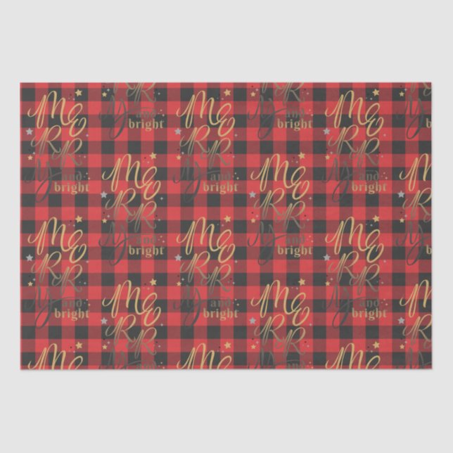 Black Red Buffalo Plaid Rustic Merry and Bright Tissue Paper (Front)