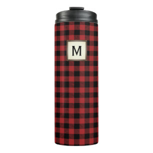 Black Red Buffalo Plaid with Monogram Thermal Tumbler