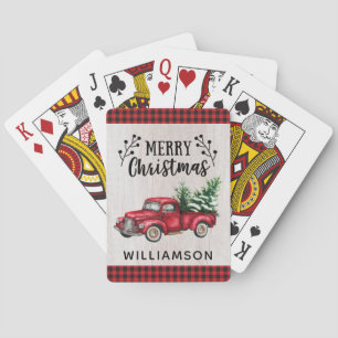 Black & Red Buffalo Plaid Wood Vintage Truck Name Playing Cards