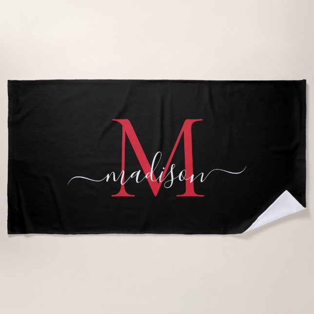 Black Red Burgundy Monogram Feminine Girly Script Beach Towel (Front)