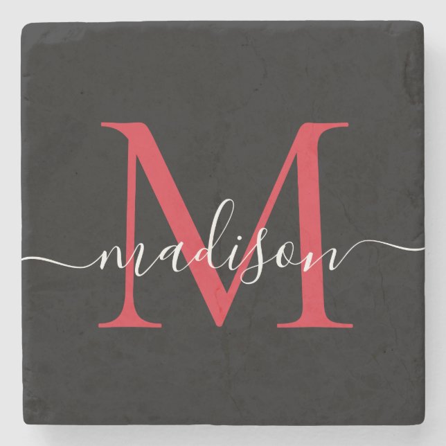 Black Red Burgundy Monogram Feminine Script Name Stone Coaster (Front)