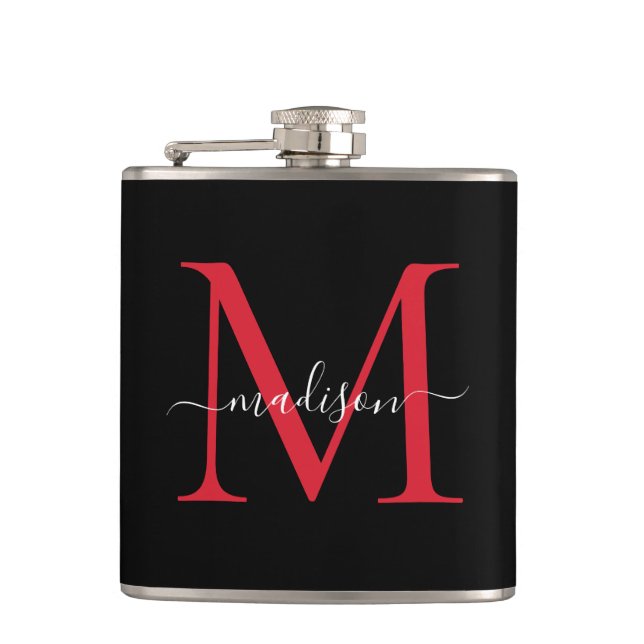 Black Red Burgundy Monogram Stylish Script Name Hip Flask (Front)