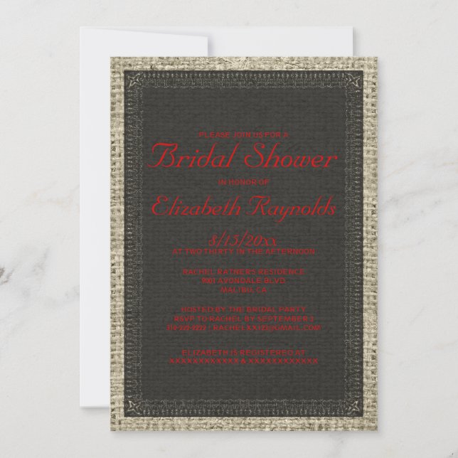 Black & Red Burlap Bridal Shower Invitations (Front)