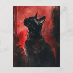 Black & Red Cat Abstract Surreal Portrait Painting Postcard