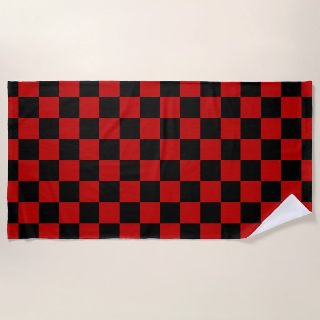 Black + Red Check Chequered Chequerboard Pattern Beach Towel (Front)