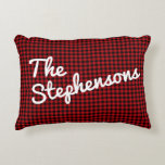 Black Red Check Plaid Personalised Name Christmas  Decorative Cushion<br><div class="desc">Bring cosy holiday charm to your home with this retro black and red buffalo check plaid accent pillow, perfect for Christmas or adding a rustic farmhouse touch to your space year-round. The bold plaid pattern evokes a timeless, nostalgic feel, while the personalised name adds a special touch. Ideal for creating...</div>
