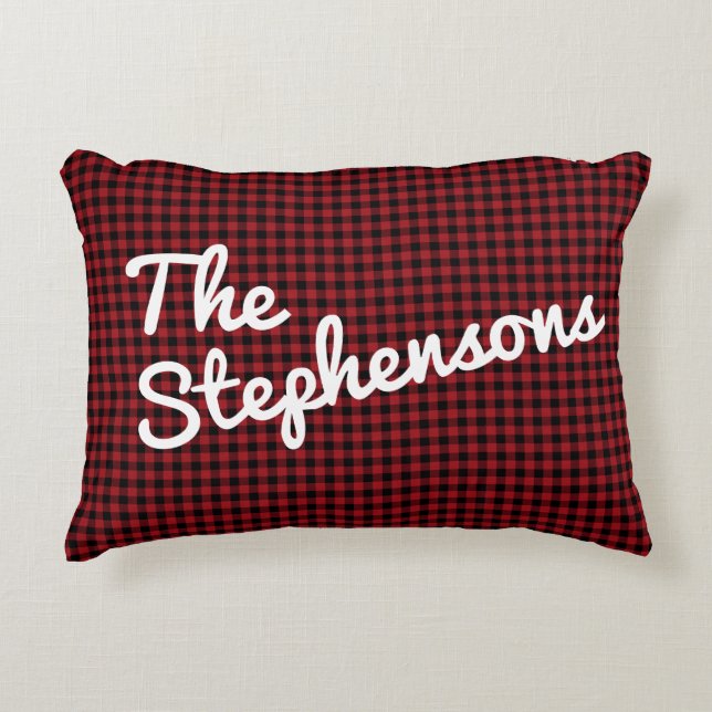 Black Red Check Plaid Personalised Name Christmas  Decorative Cushion (Front)
