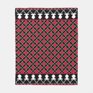 Black Red Chequered & Reindeer Silhouettes Fleece Blanket