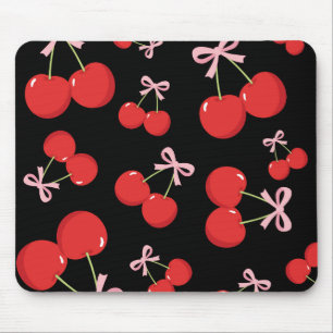 Black Red Cherries Pink Bow Coquette Cottage Chic Mouse Mat