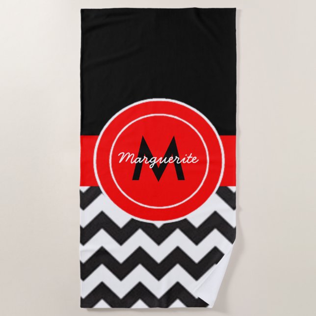 Black Red Chevron Beach Towel (Front)