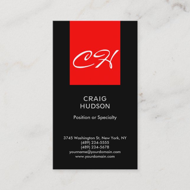 Black Red Chic Monogram Professional Business Card (Front)