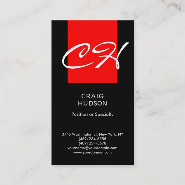 Black Red Chic Monogram Professional Business Card (Front)